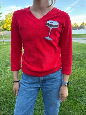 Red V-Neck Sweater with Cocktail Glass Patch